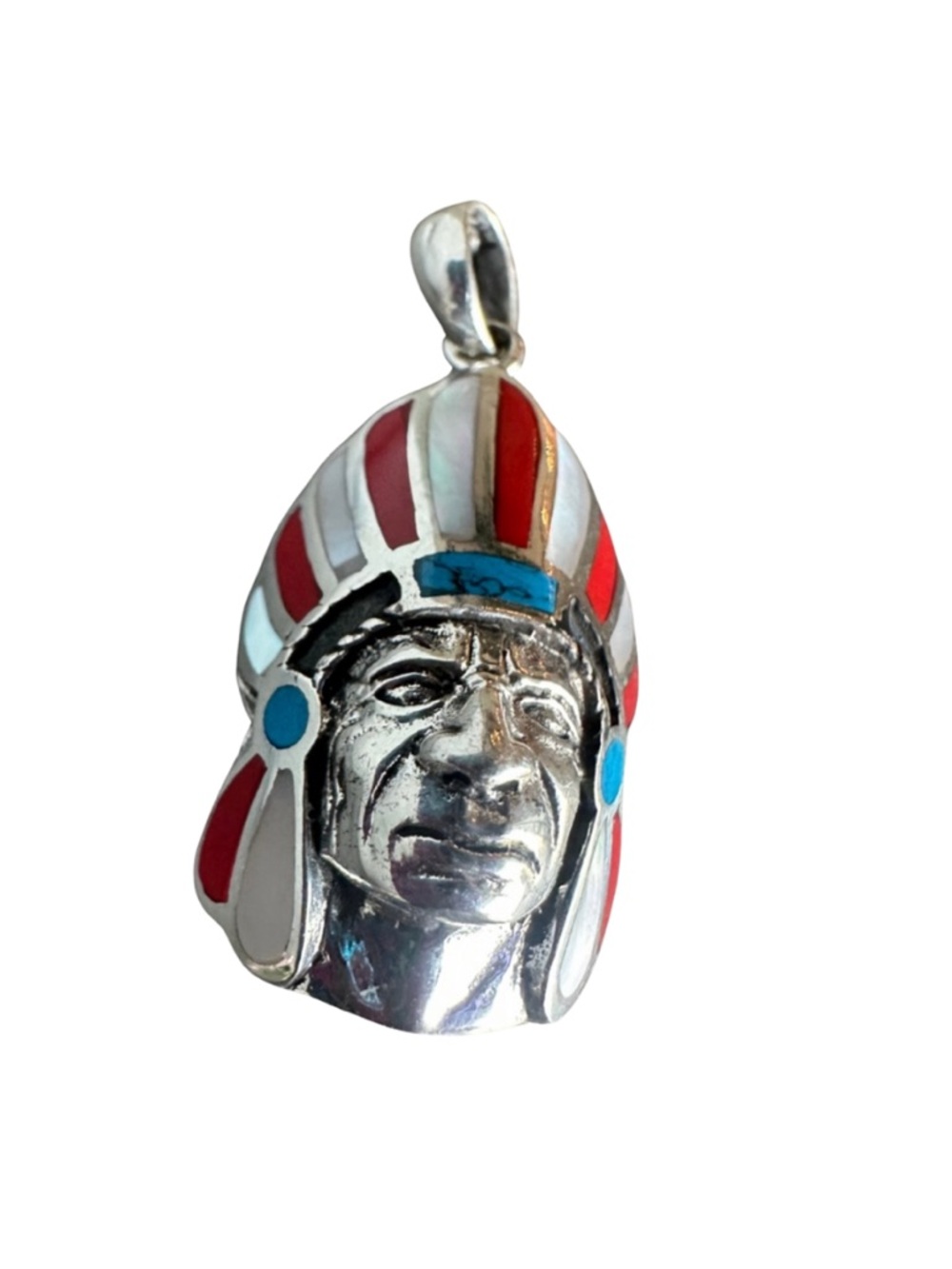 Turquoise Coral & Shell Inlay Native Chief Head | 925 Sterling Silver | New